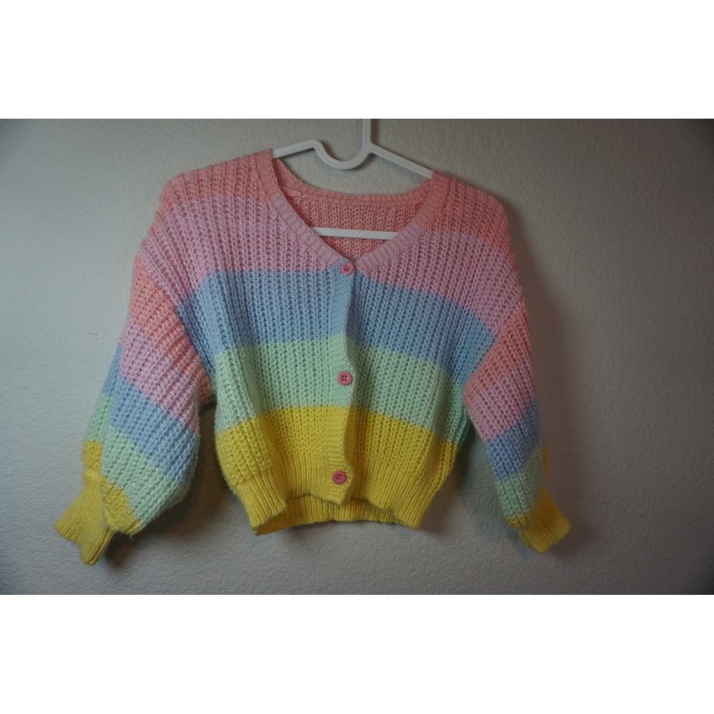 SHEIN Kids Pastel Rainbow Striped Chunky Knit Button Front Cardigan Size 7Y